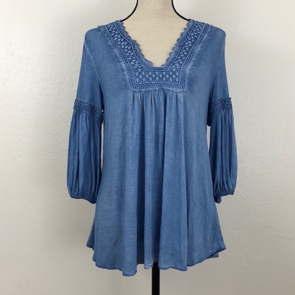 One World Blue Crochet Neckline Blouse